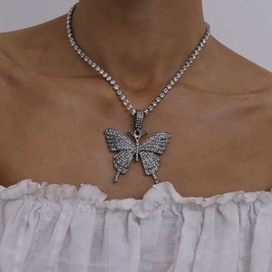 HipHop Rhinestone Silver Butterfly Tennis Necklace